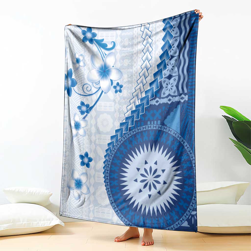 Bula Fiji Blanket Blue Plumeria Masi Tapa Pattern - Polynesian Pride