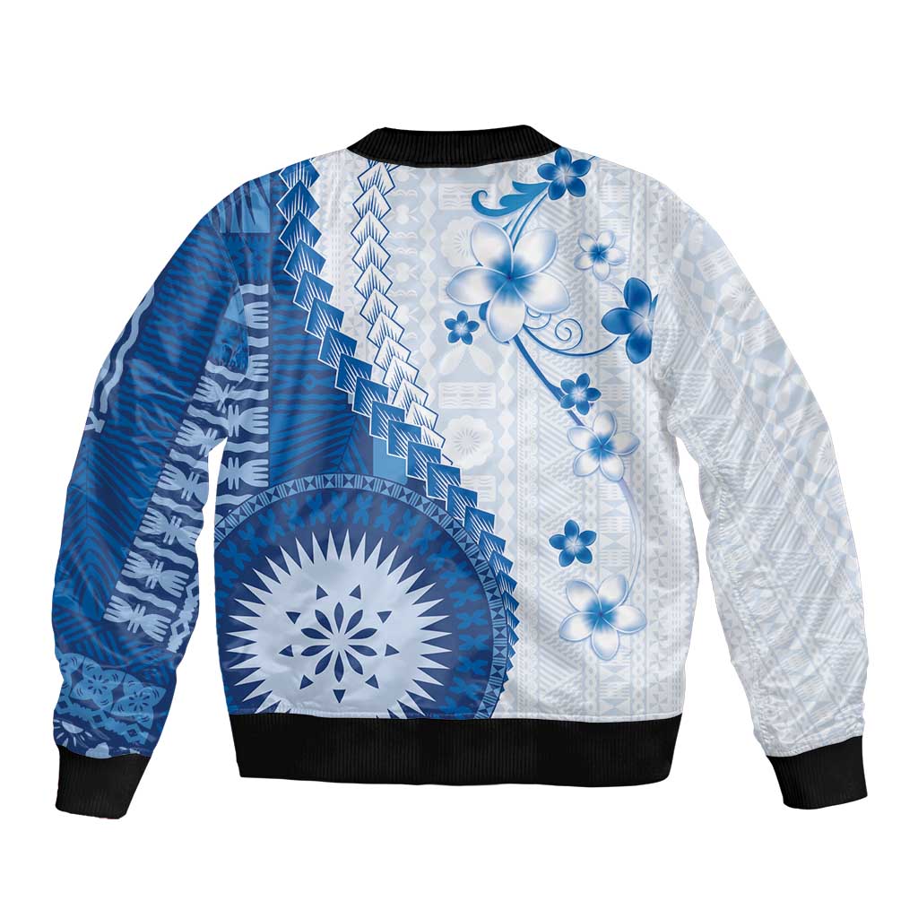 Bula Fiji Bomber Jacket Blue Plumeria Masi Tapa Pattern LT05 - Polynesian Pride