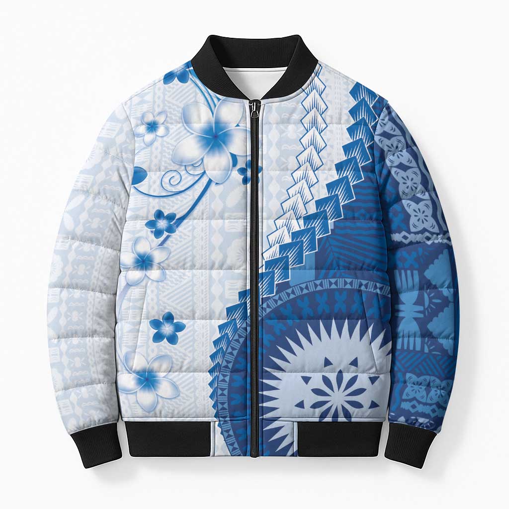 Bula Fiji Bomber Puffer Jacket Blue Plumeria Masi Tapa Pattern - Polynesian Pride