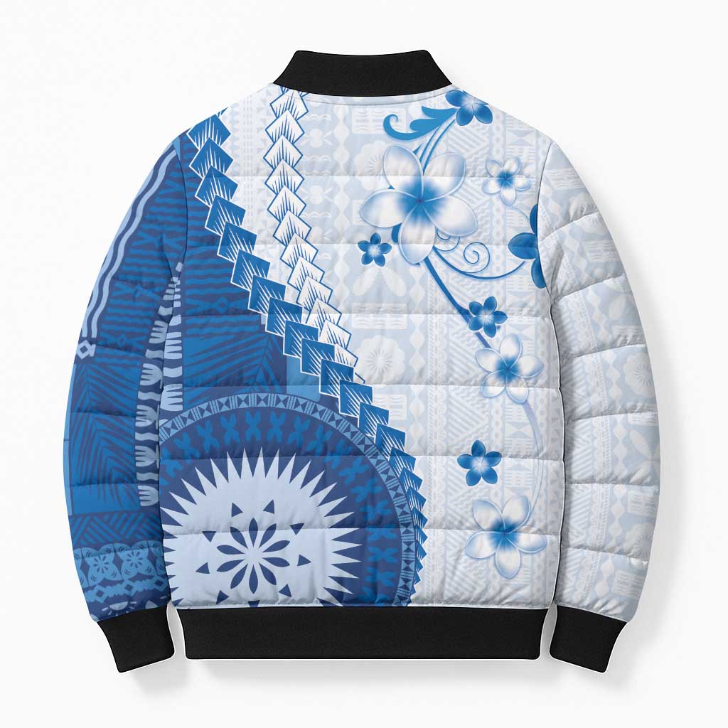 Bula Fiji Bomber Puffer Jacket Blue Plumeria Masi Tapa Pattern - Polynesian Pride
