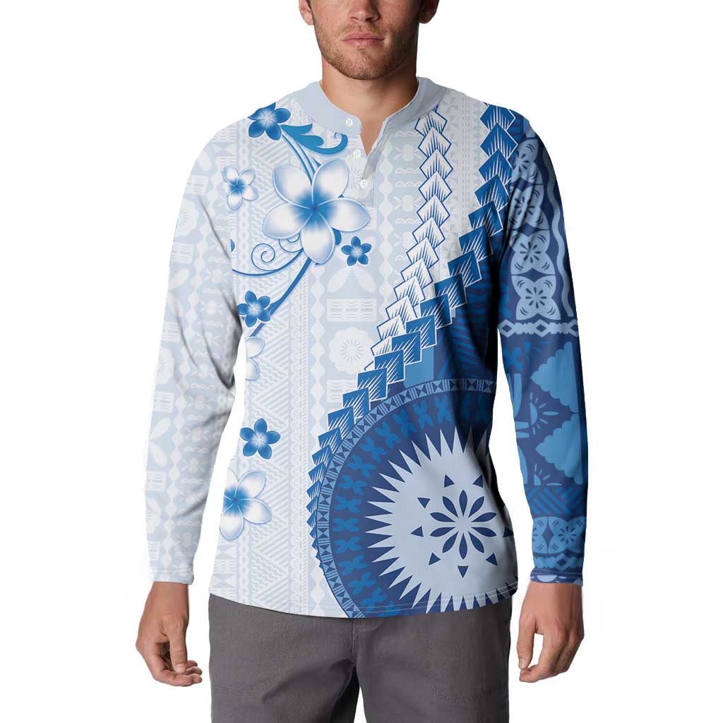Bula Fiji Button Sweatshirt Blue Plumeria Masi Tapa Pattern - Polynesian Pride