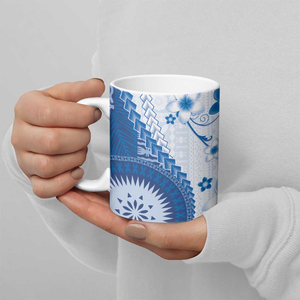 Bula Fiji Ceramic Mug Blue Plumeria Masi Tapa Pattern - Polynesian Pride