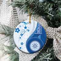 Bula Fiji Ceramic Ornament Blue Plumeria Masi Tapa Pattern - Polynesian Pride