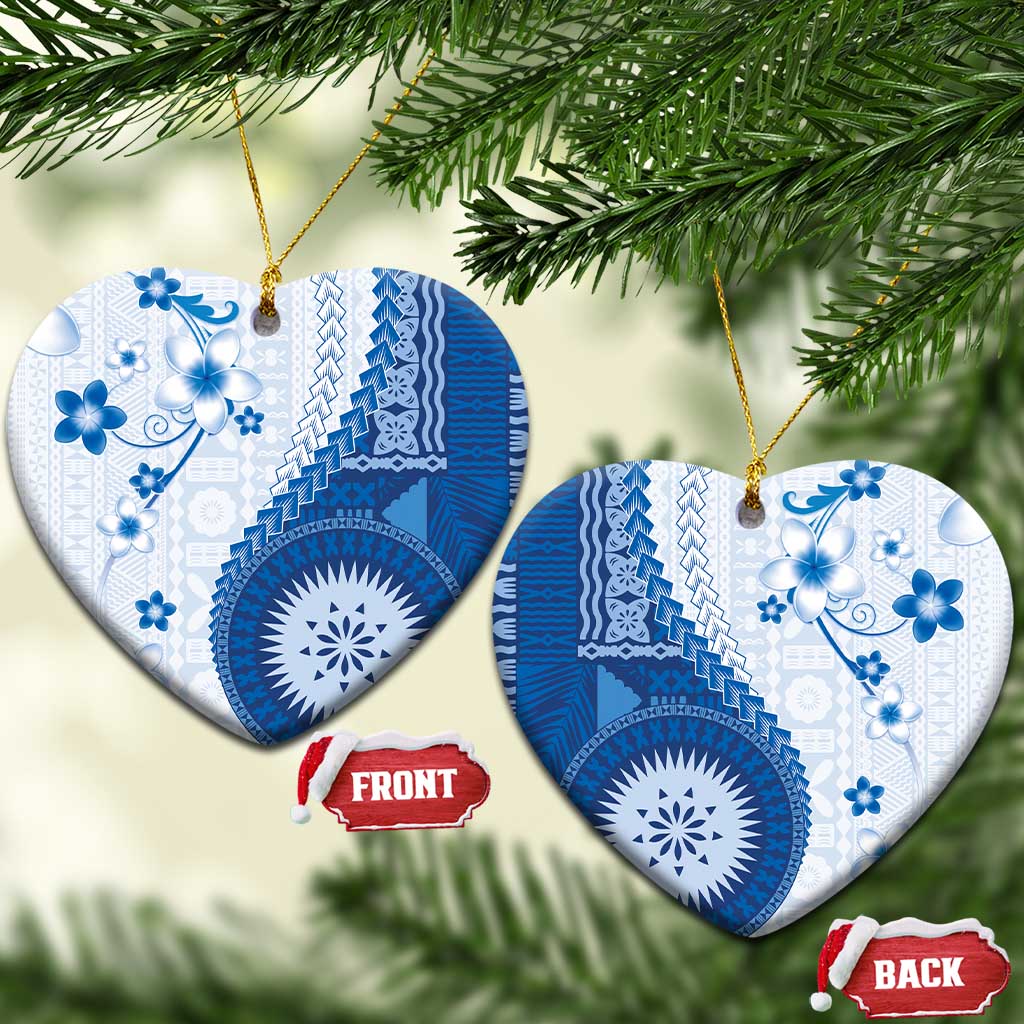Bula Fiji Ceramic Ornament Blue Plumeria Masi Tapa Pattern - Polynesian Pride