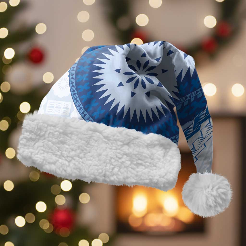 Bula Fiji Christmas Santa Hat Blue Plumeria Masi Tapa Pattern - Polynesian Pride