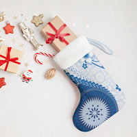 Bula Fiji Christmas Stocking Blue Plumeria Masi Tapa Pattern - Polynesian Pride