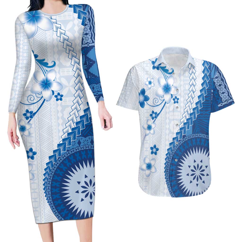 Bula Fiji Couples Matching Long Sleeve Bodycon Dress and Hawaiian Shirt Blue Plumeria Masi Tapa Pattern - Polynesian Pride