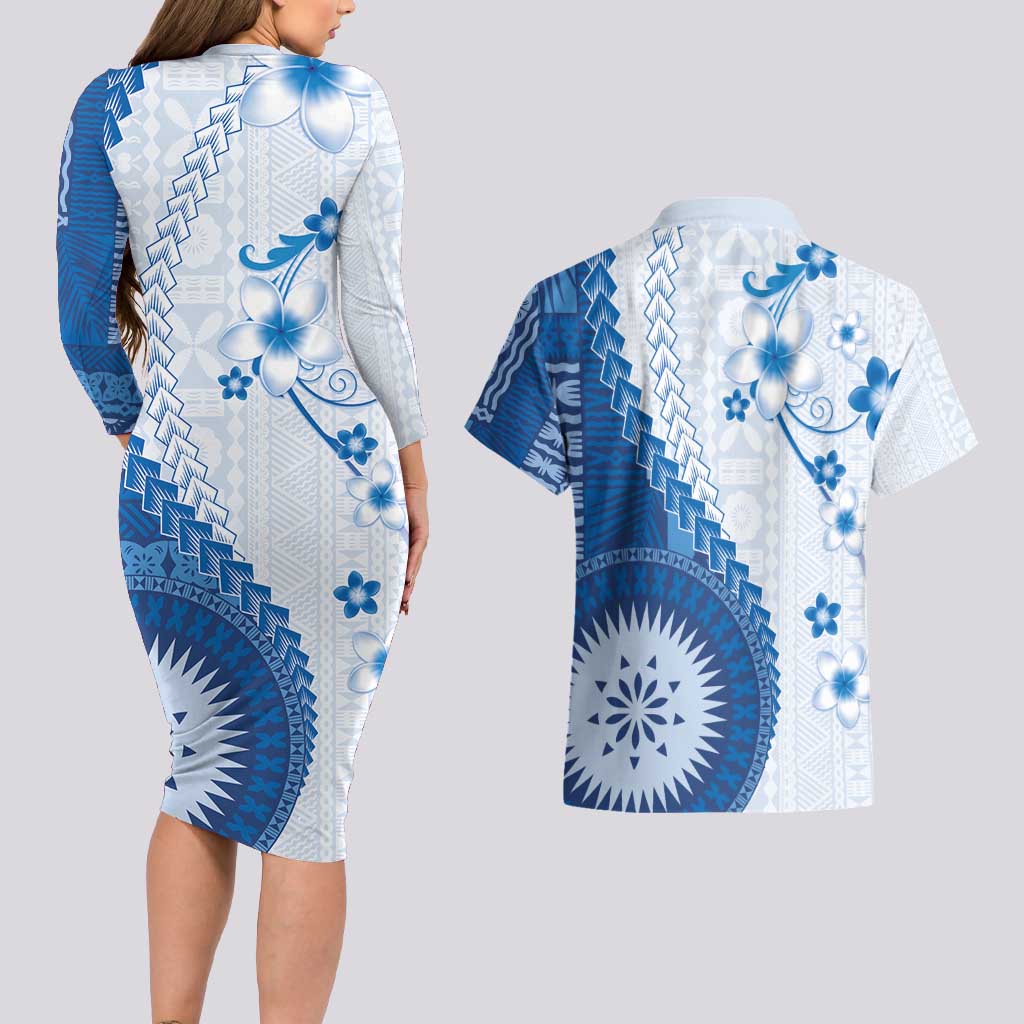 Bula Fiji Couples Matching Long Sleeve Bodycon Dress and Hawaiian Shirt Blue Plumeria Masi Tapa Pattern - Polynesian Pride