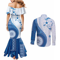 Bula Fiji Couples Matching Mermaid Dress and Long Sleeve Button Shirt Blue Plumeria Masi Tapa Pattern LT05 - Polynesian Pride