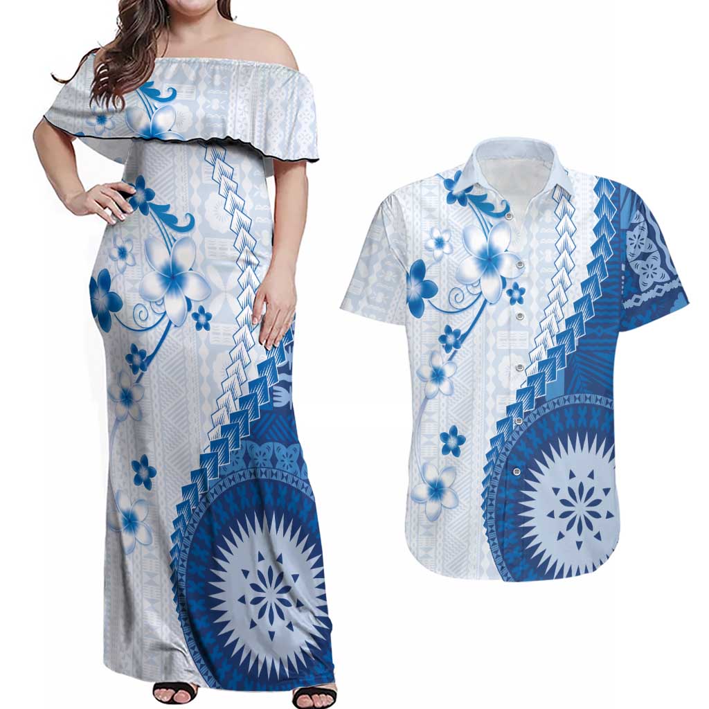 Bula Fiji Couples Matching Off Shoulder Maxi Dress and Hawaiian Shirt Blue Plumeria Masi Tapa Pattern - Polynesian Pride
