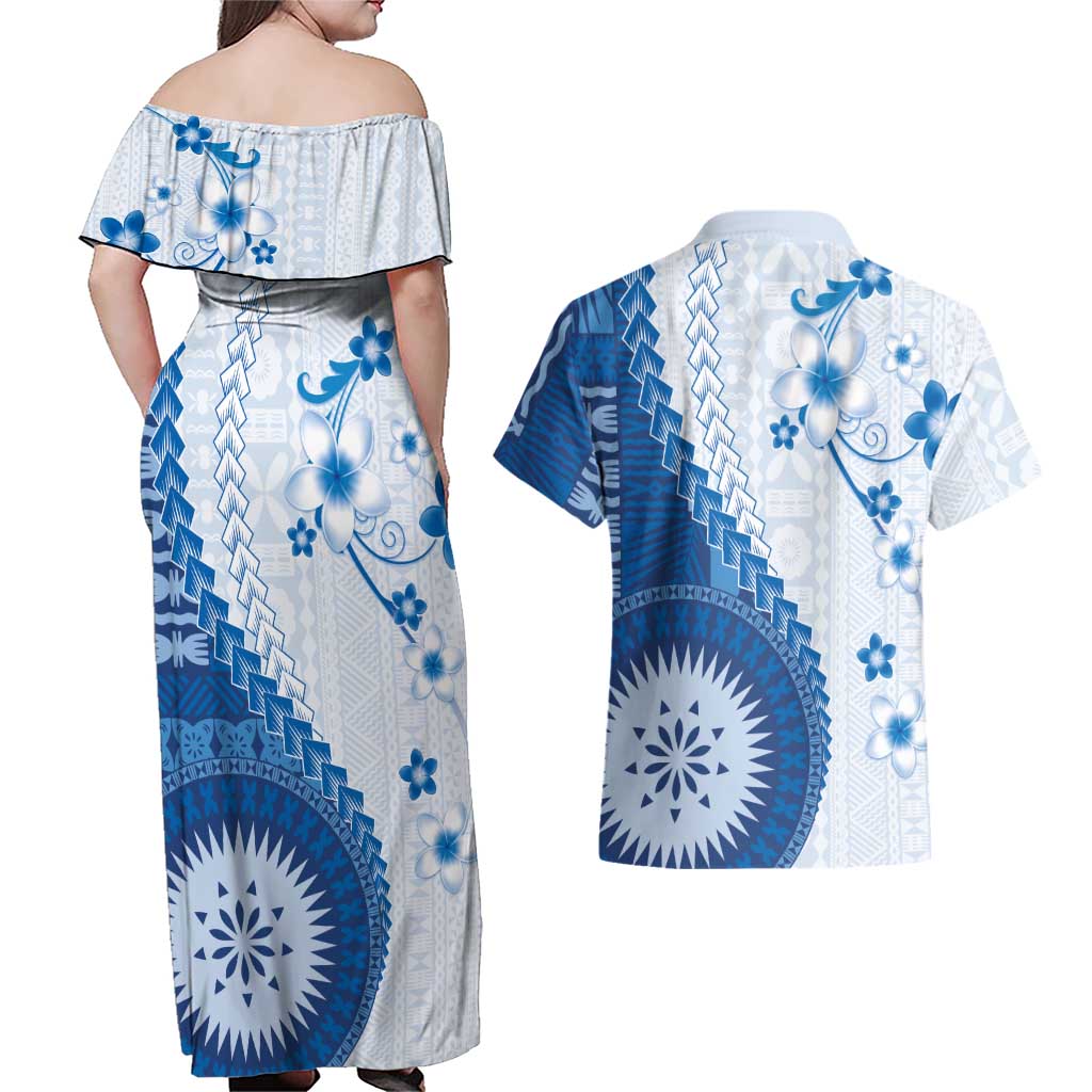 Bula Fiji Couples Matching Off Shoulder Maxi Dress and Hawaiian Shirt Blue Plumeria Masi Tapa Pattern - Polynesian Pride