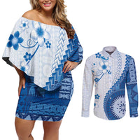 Bula Fiji Couples Matching Off Shoulder Short Dress and Long Sleeve Button Shirt Blue Plumeria Masi Tapa Pattern LT05 Blue - Polynesian Pride