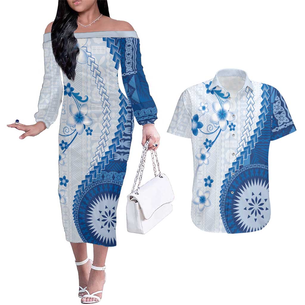 Bula Fiji Couples Matching Off The Shoulder Long Sleeve Dress and Hawaiian Shirt Blue Plumeria Masi Tapa Pattern - Polynesian Pride