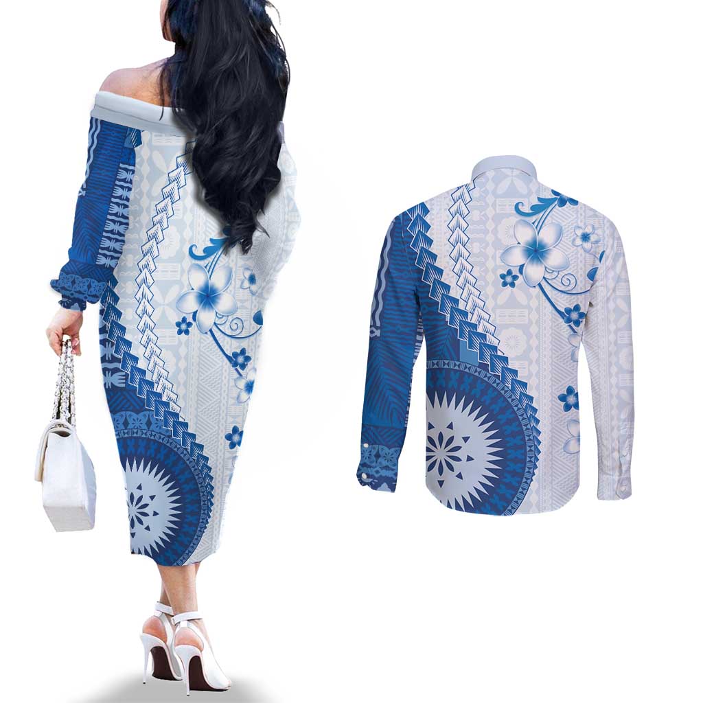 Bula Fiji Couples Matching Off The Shoulder Long Sleeve Dress and Long Sleeve Button Shirt Blue Plumeria Masi Tapa Pattern - Polynesian Pride