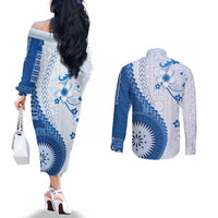 Bula Fiji Couples Matching Off The Shoulder Long Sleeve Dress and Long Sleeve Button Shirt Blue Plumeria Masi Tapa Pattern - Polynesian Pride