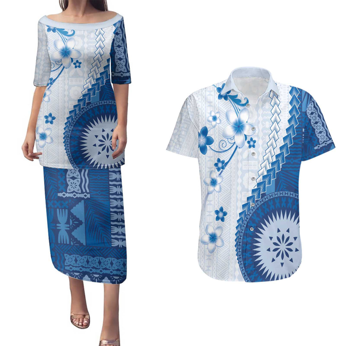 Bula Fiji Couples Matching Puletasi and Hawaiian Shirt Blue Plumeria Masi Tapa Pattern - Polynesian Pride