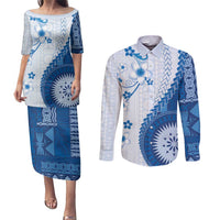 Bula Fiji Couples Matching Puletasi and Long Sleeve Button Shirt Blue Plumeria Masi Tapa Pattern - Polynesian Pride