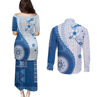 Bula Fiji Couples Matching Puletasi and Long Sleeve Button Shirt Blue Plumeria Masi Tapa Pattern - Polynesian Pride