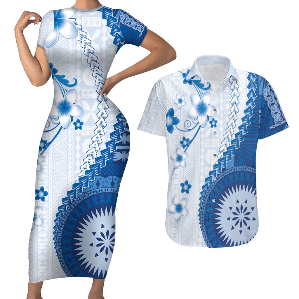 Bula Fiji Couples Matching Short Sleeve Bodycon Dress and Hawaiian Shirt Blue Plumeria Masi Tapa Pattern - Polynesian Pride