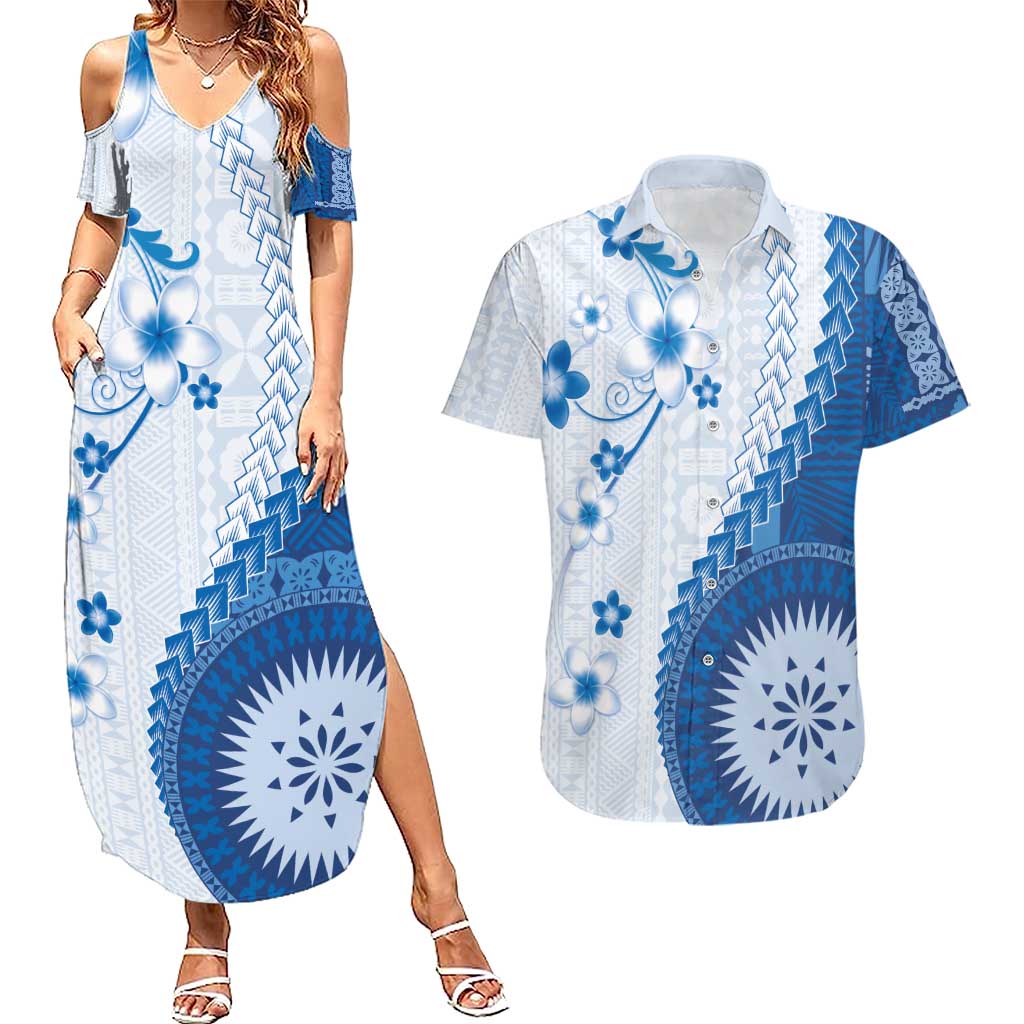 Bula Fiji Couples Matching Summer Maxi Dress and Hawaiian Shirt Blue Plumeria Masi Tapa Pattern - Polynesian Pride