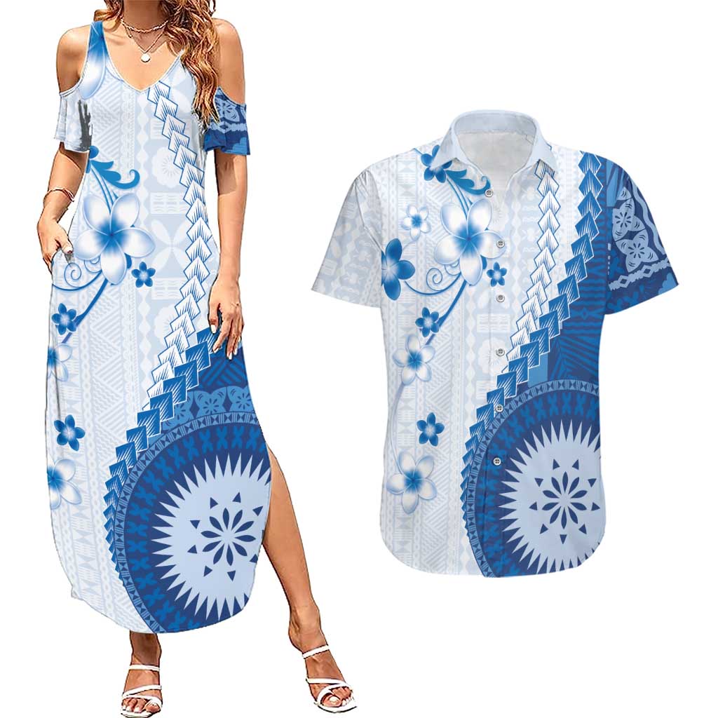 Bula Fiji Couples Matching Summer Maxi Dress and Hawaiian Shirt Blue Plumeria Masi Tapa Pattern - Polynesian Pride