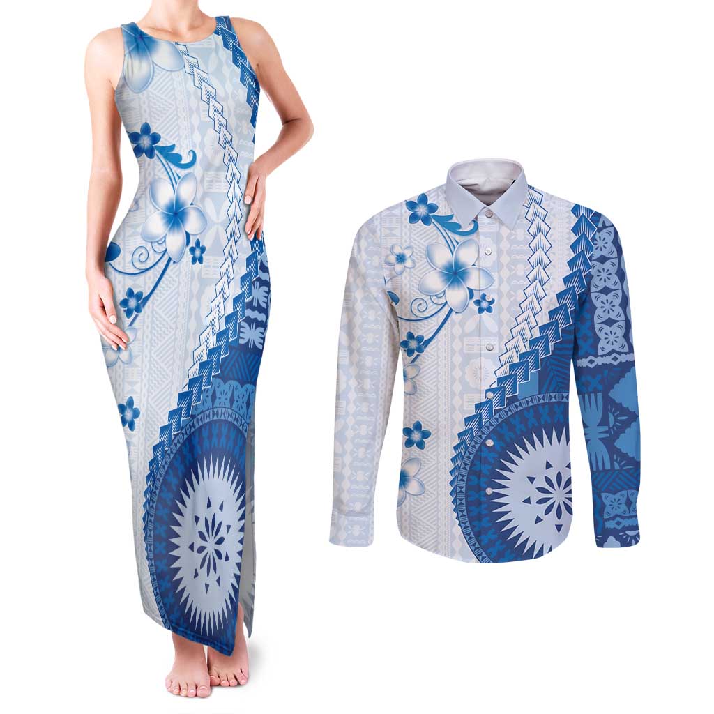 Bula Fiji Couples Matching Tank Maxi Dress and Long Sleeve Button Shirt Blue Plumeria Masi Tapa Pattern LT05 Blue - Polynesian Pride
