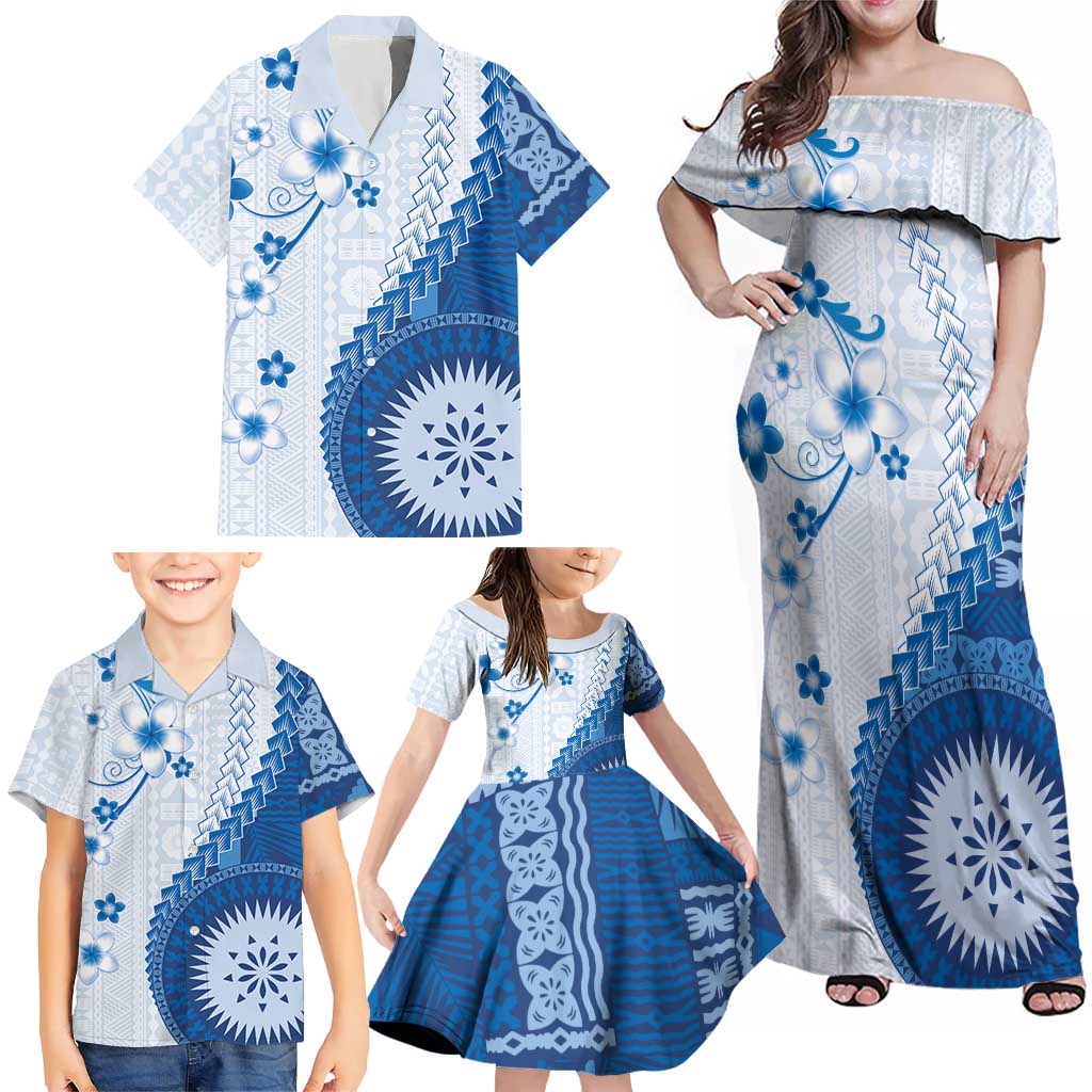 Bula Fiji Family Matching Off Shoulder Maxi Dress and Hawaiian Shirt Blue Plumeria Masi Tapa Pattern - Polynesian Pride