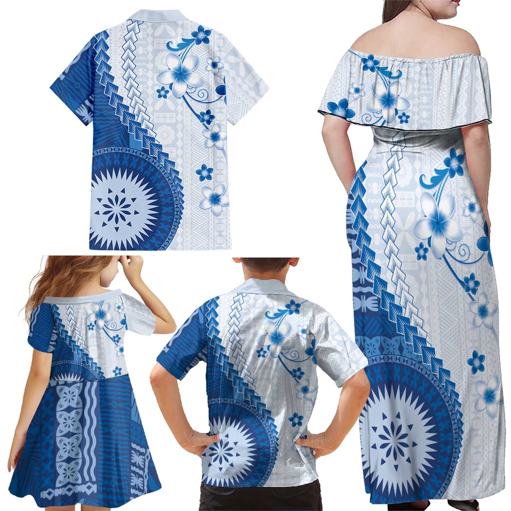 Bula Fiji Family Matching Off Shoulder Maxi Dress and Hawaiian Shirt Blue Plumeria Masi Tapa Pattern - Polynesian Pride
