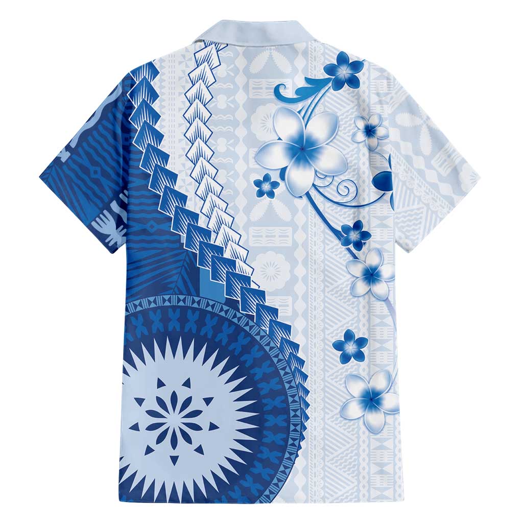 Bula Fiji Family Matching Off Shoulder Maxi Dress and Hawaiian Shirt Blue Plumeria Masi Tapa Pattern - Polynesian Pride