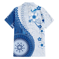 Bula Fiji Family Matching Off Shoulder Maxi Dress and Hawaiian Shirt Blue Plumeria Masi Tapa Pattern - Polynesian Pride