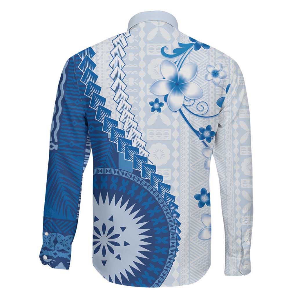 Bula Fiji Family Matching Off Shoulder Maxi Dress and Hawaiian Shirt Blue Plumeria Masi Tapa Pattern - Polynesian Pride