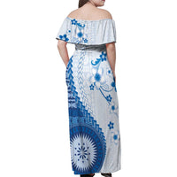 Bula Fiji Family Matching Off Shoulder Maxi Dress and Hawaiian Shirt Blue Plumeria Masi Tapa Pattern - Polynesian Pride