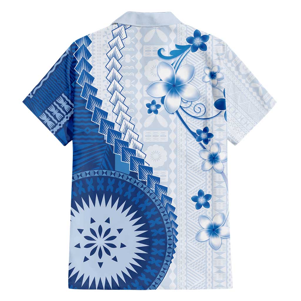 Bula Fiji Family Matching Puletasi and Hawaiian Shirt Blue Plumeria Masi Tapa Pattern - Polynesian Pride
