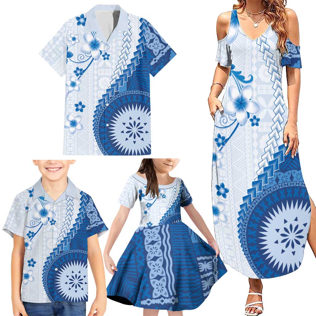 Bula Fiji Family Matching Summer Maxi Dress and Hawaiian Shirt Blue Plumeria Masi Tapa Pattern - Polynesian Pride