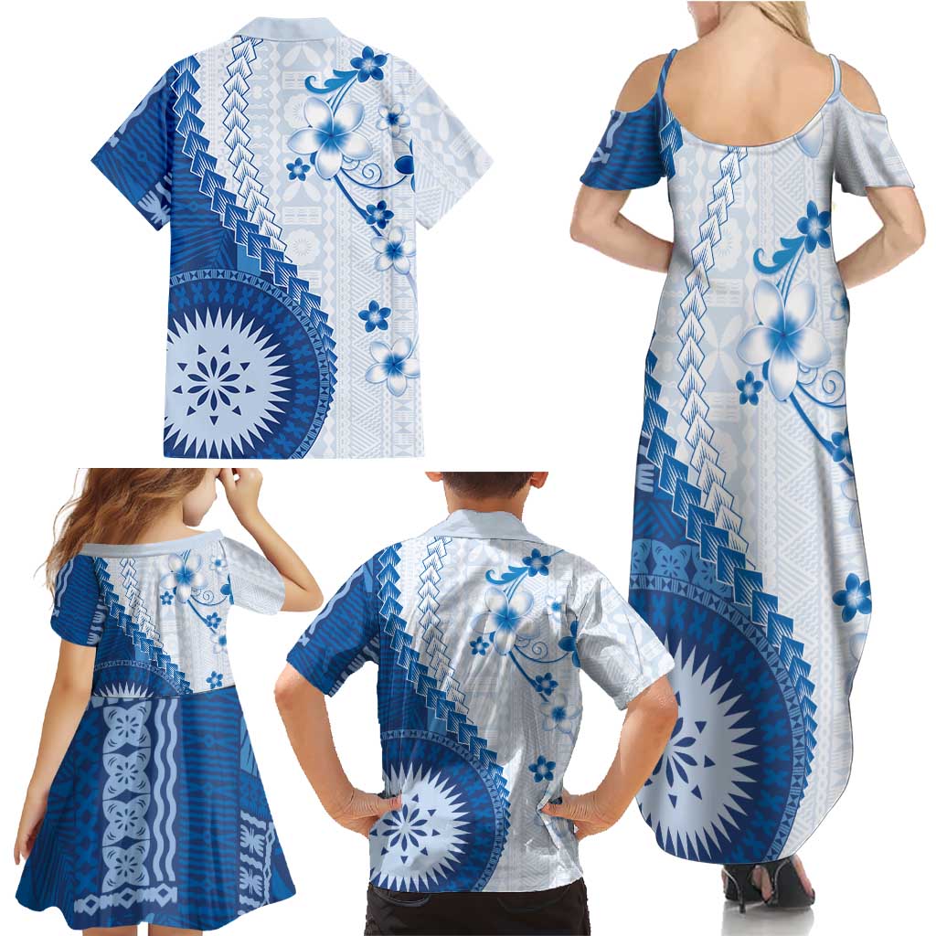 Bula Fiji Family Matching Summer Maxi Dress and Hawaiian Shirt Blue Plumeria Masi Tapa Pattern - Polynesian Pride