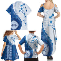 Bula Fiji Family Matching Summer Maxi Dress and Hawaiian Shirt Blue Plumeria Masi Tapa Pattern - Polynesian Pride