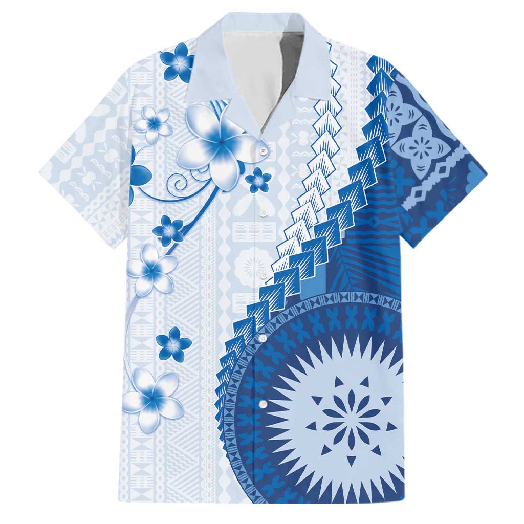 Bula Fiji Family Matching Summer Maxi Dress and Hawaiian Shirt Blue Plumeria Masi Tapa Pattern - Polynesian Pride
