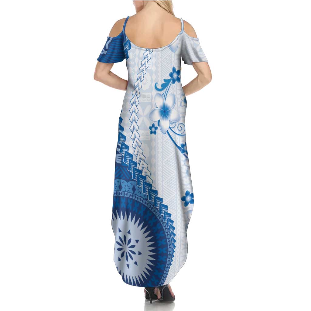 Bula Fiji Family Matching Summer Maxi Dress and Hawaiian Shirt Blue Plumeria Masi Tapa Pattern - Polynesian Pride