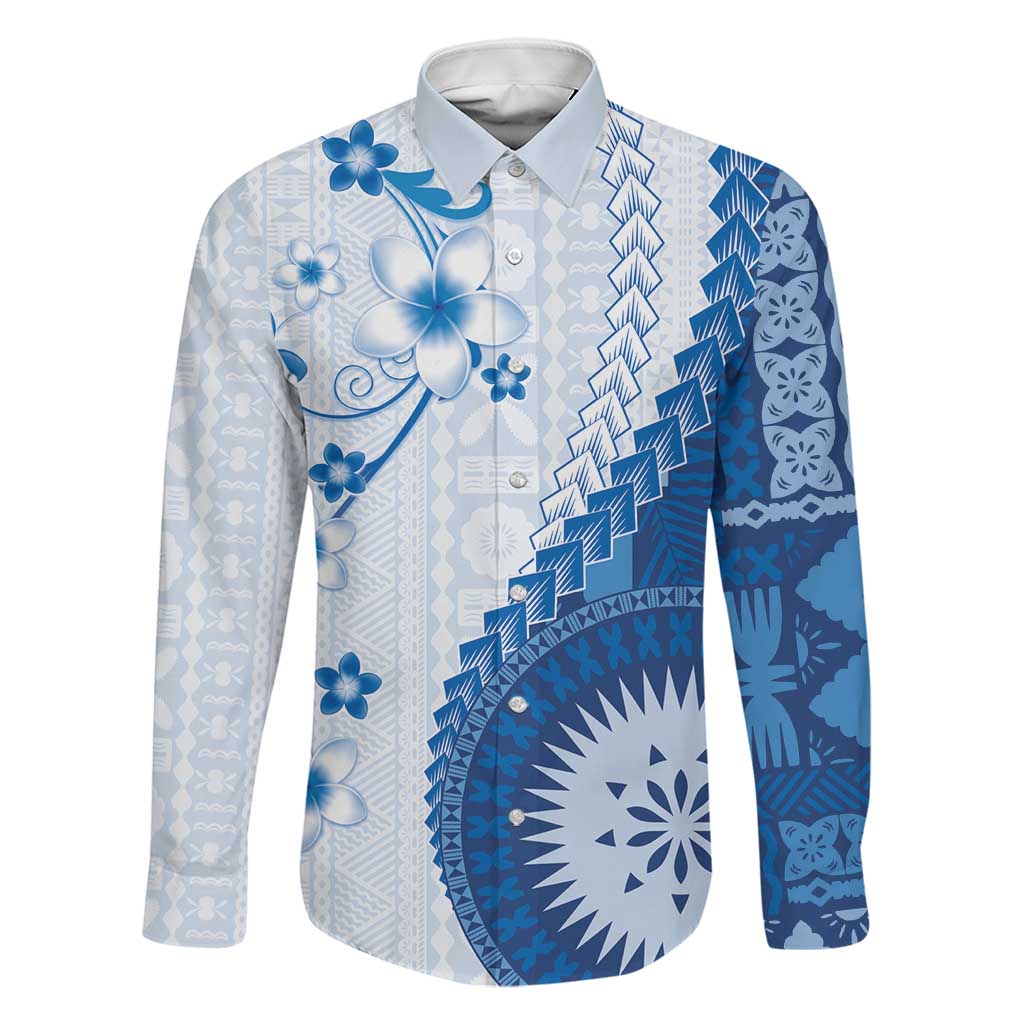 Bula Fiji Family Matching Tank Maxi Dress and Hawaiian Shirt Blue Plumeria Masi Tapa Pattern - Polynesian Pride