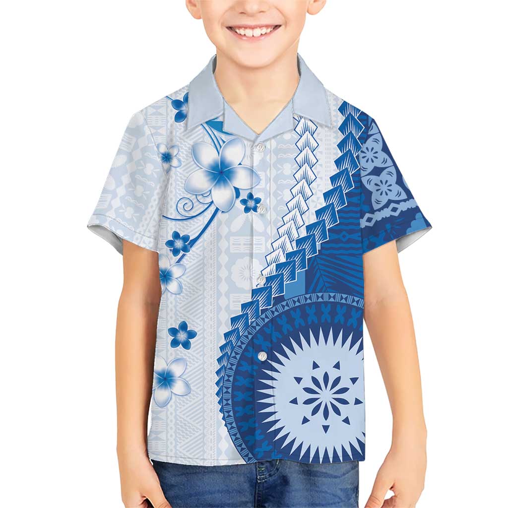 Bula Fiji Family Matching Tank Maxi Dress and Hawaiian Shirt Blue Plumeria Masi Tapa Pattern - Polynesian Pride