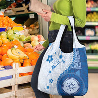 Bula Fiji Grocery Bag Blue Plumeria Masi Tapa Pattern - Polynesian Pride