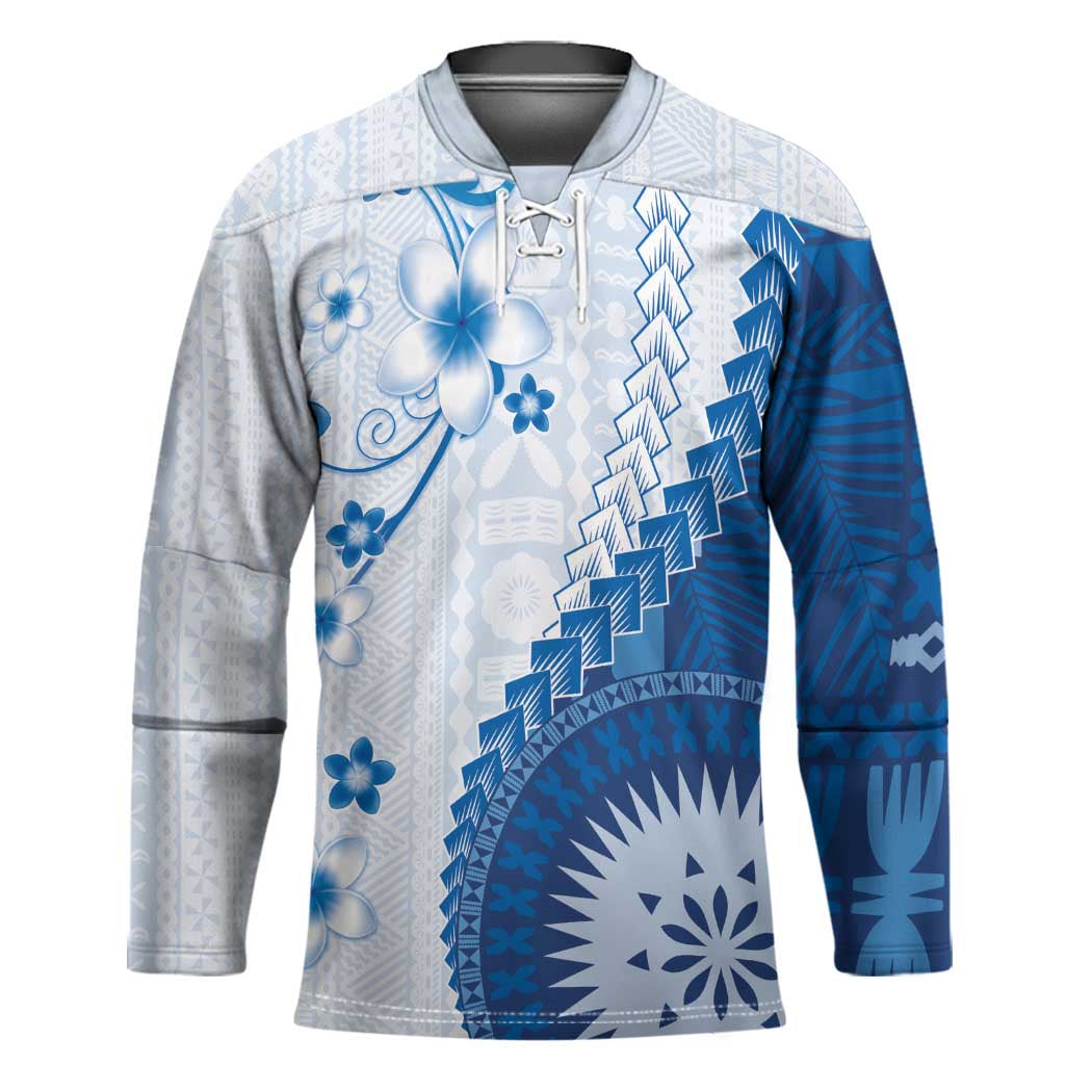 Bula Fiji Hockey Jersey Blue Plumeria Masi Tapa Pattern - Polynesian Pride