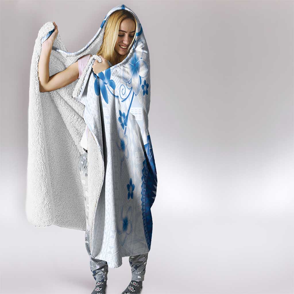 Bula Fiji Hooded Blanket Blue Plumeria Masi Tapa Pattern - Polynesian Pride