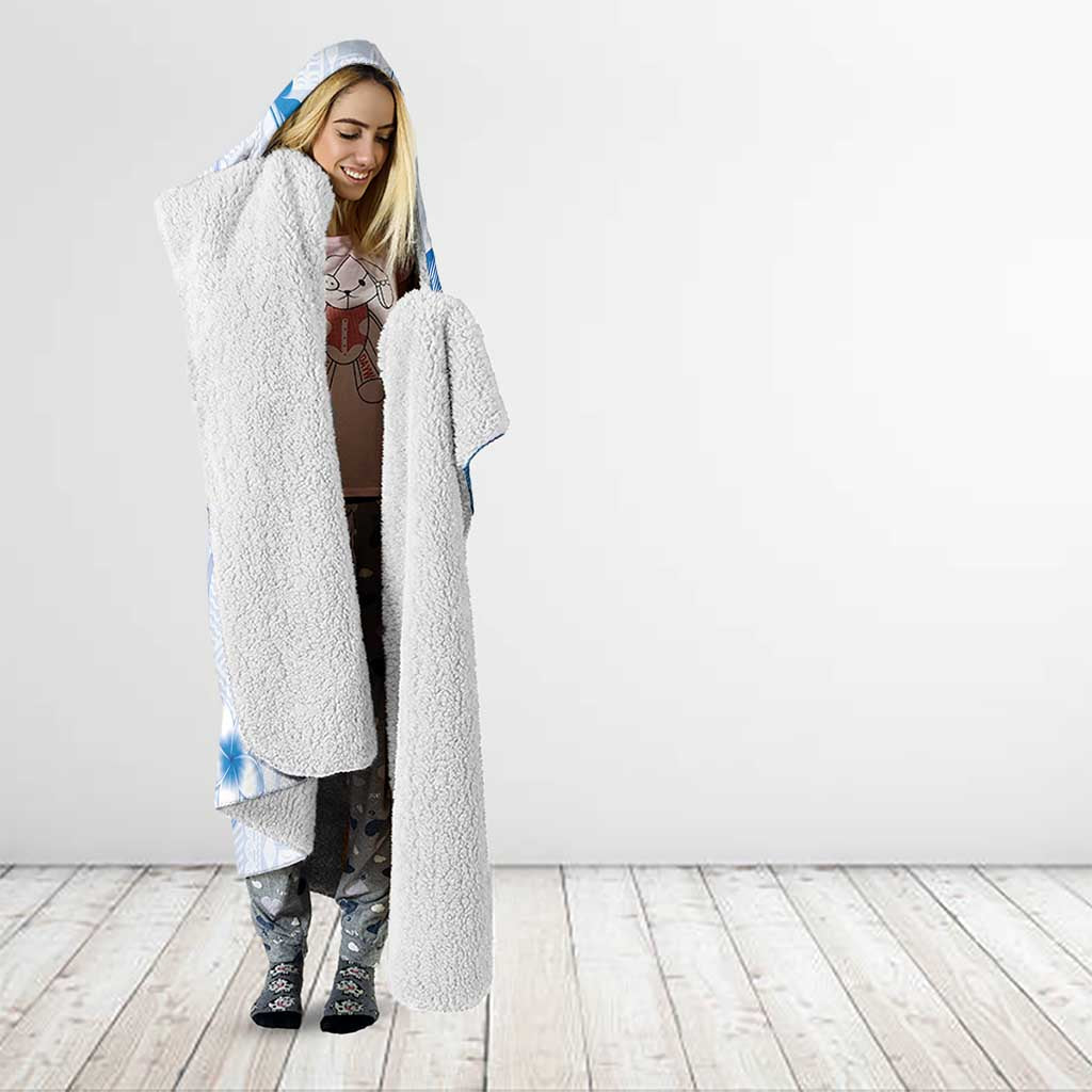 Bula Fiji Hooded Blanket Blue Plumeria Masi Tapa Pattern - Polynesian Pride