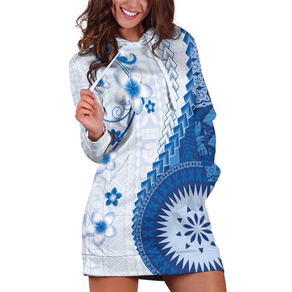 Bula Fiji Hoodie Dress Blue Plumeria Masi Tapa Pattern - Polynesian Pride