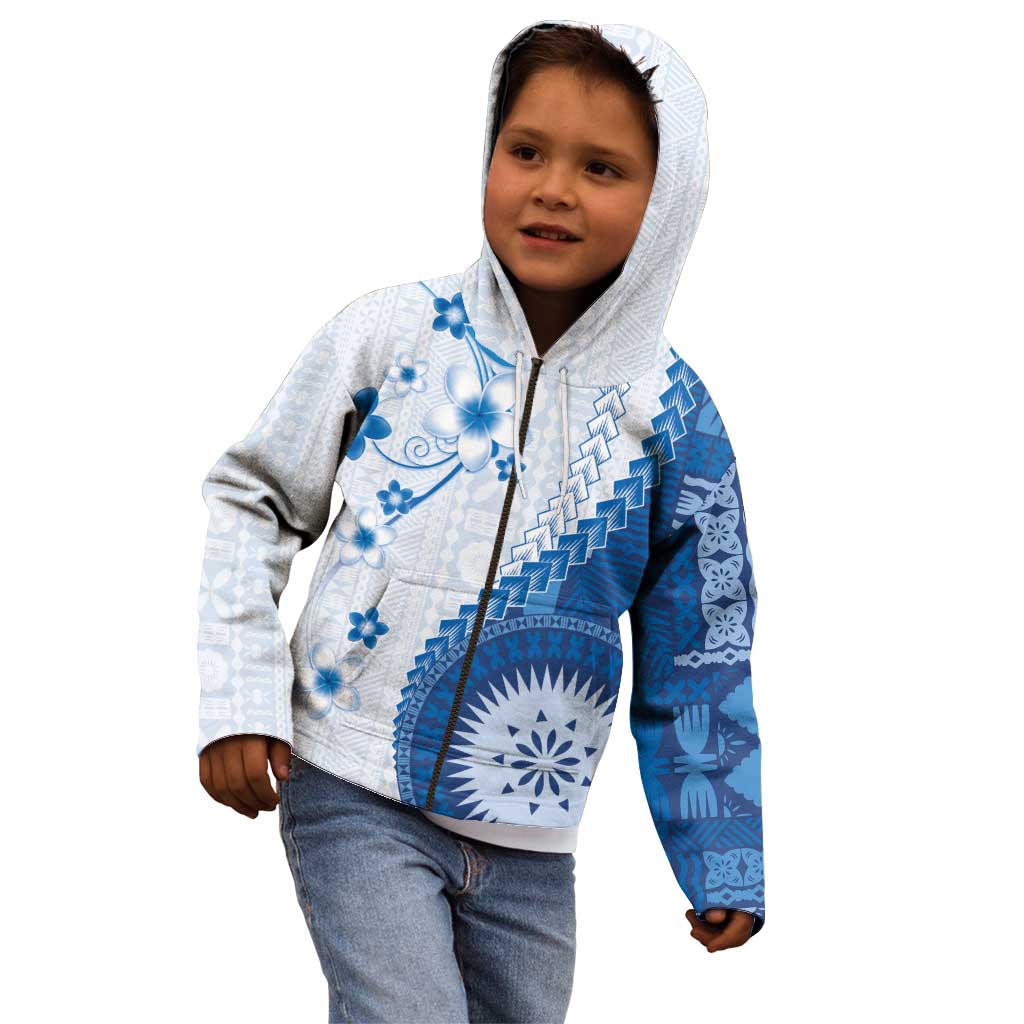 Bula Fiji Kid Hoodie Blue Plumeria Masi Tapa Pattern - Polynesian Pride