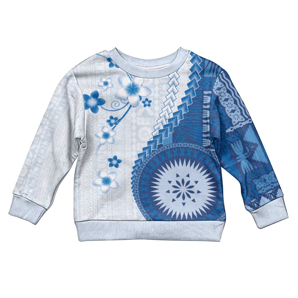 Bula Fiji Kid Ugly Christmas Sweater Blue Plumeria Masi Tapa Pattern - Polynesian Pride