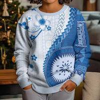 Bula Fiji Kid Ugly Christmas Sweater Blue Plumeria Masi Tapa Pattern - Polynesian Pride