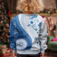 Bula Fiji Kid Ugly Christmas Sweater Blue Plumeria Masi Tapa Pattern - Polynesian Pride