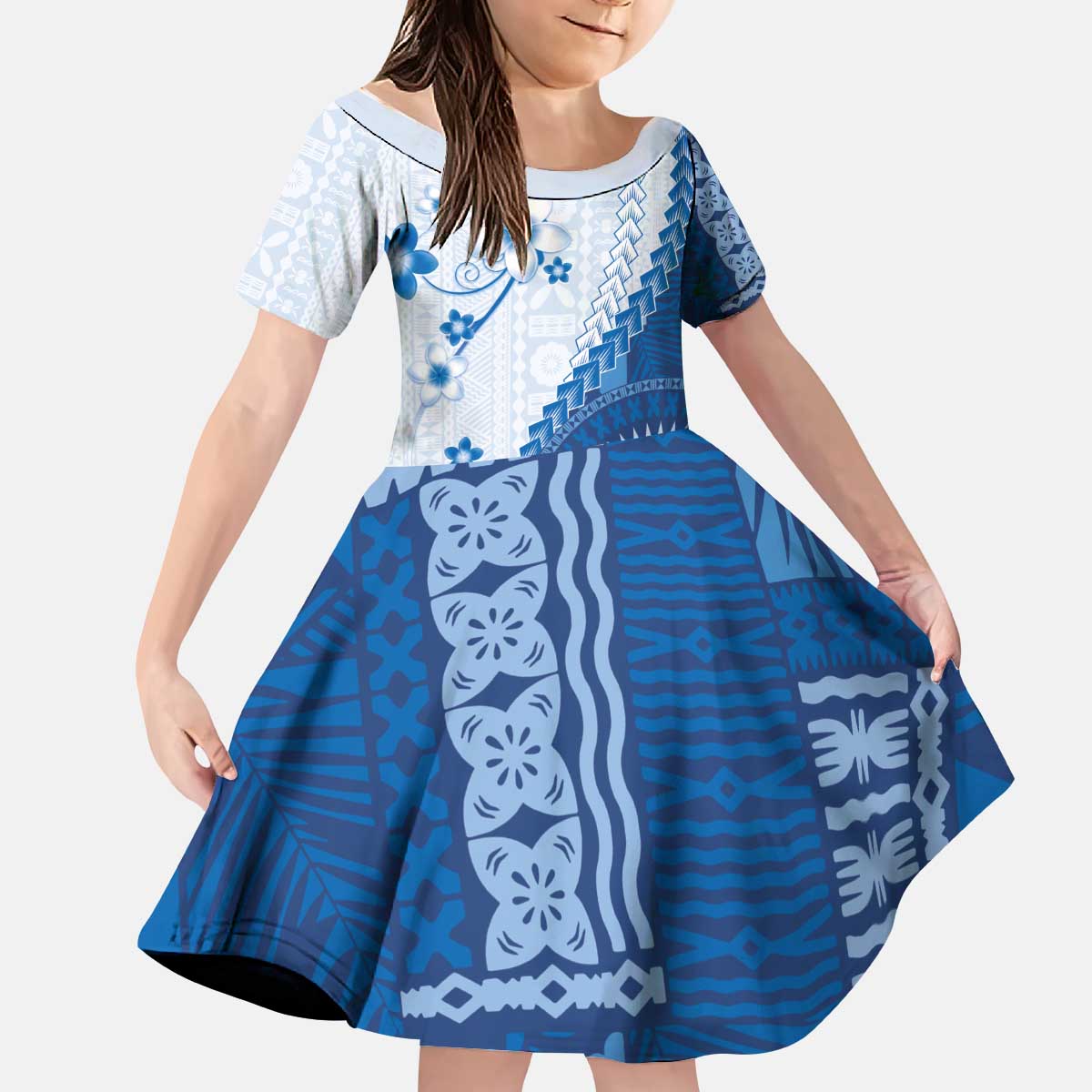 Bula Fiji Kid Short Sleeve Dress Blue Plumeria Masi Tapa Pattern - Polynesian Pride